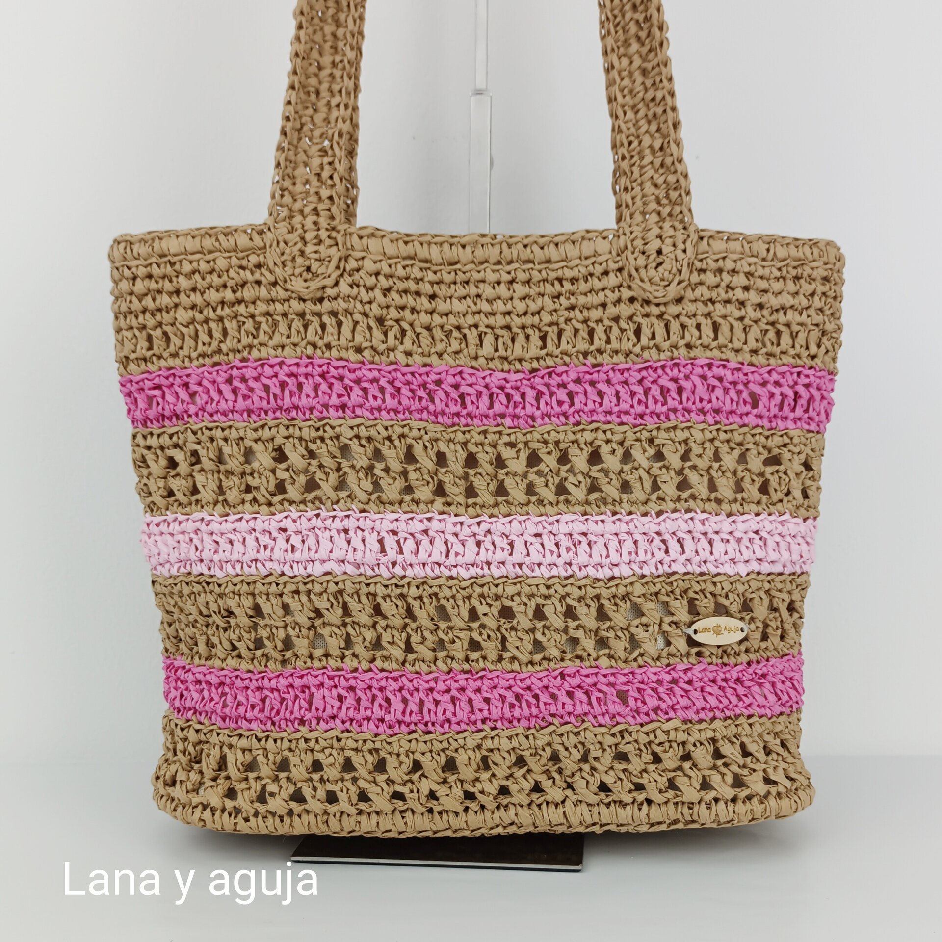 Bolso de crochet, estilo cesta, tejido a mano con rafia. - 4