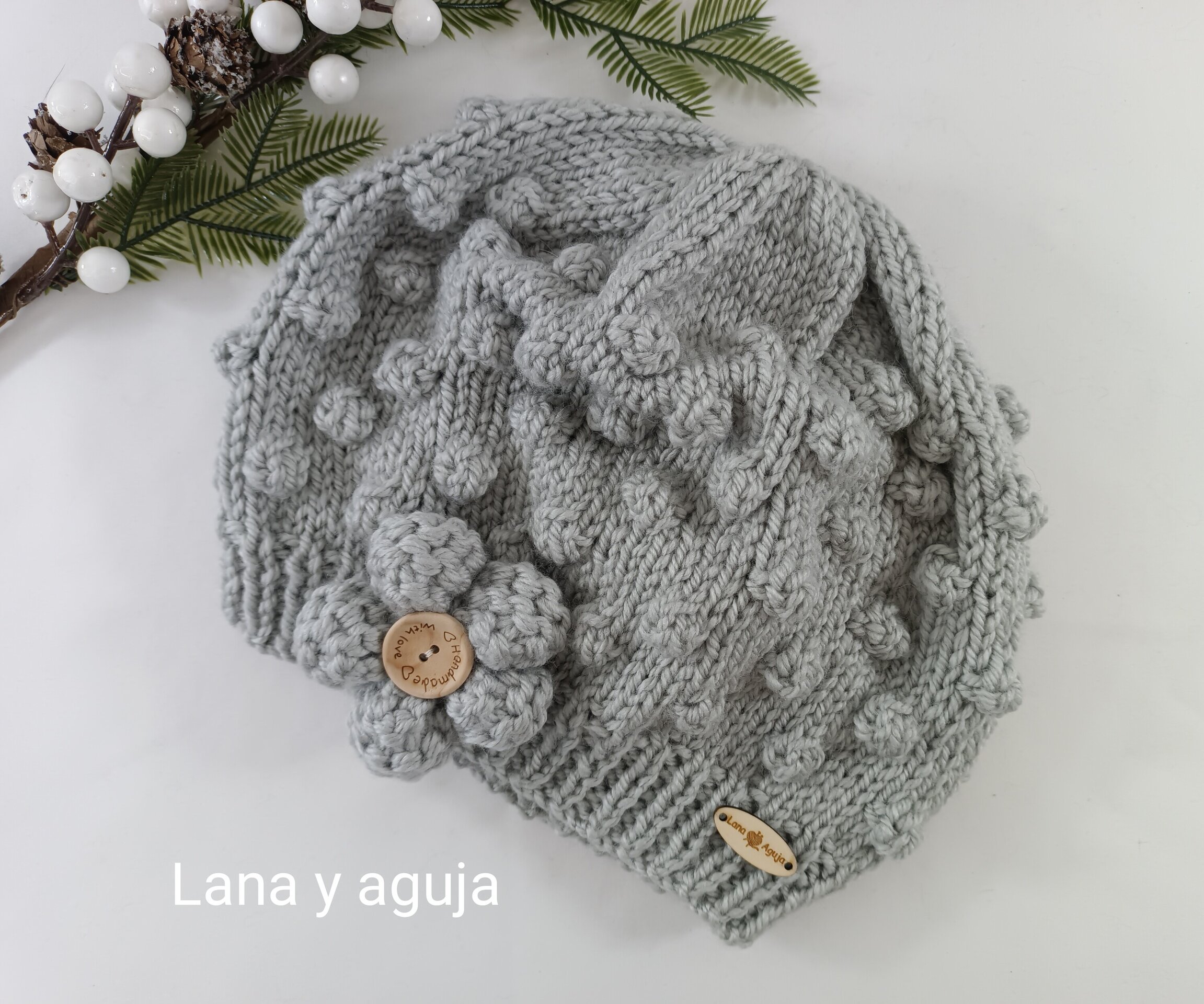 Sombrero tejido, gorro invierno, boina de lana color gris claro. - 5