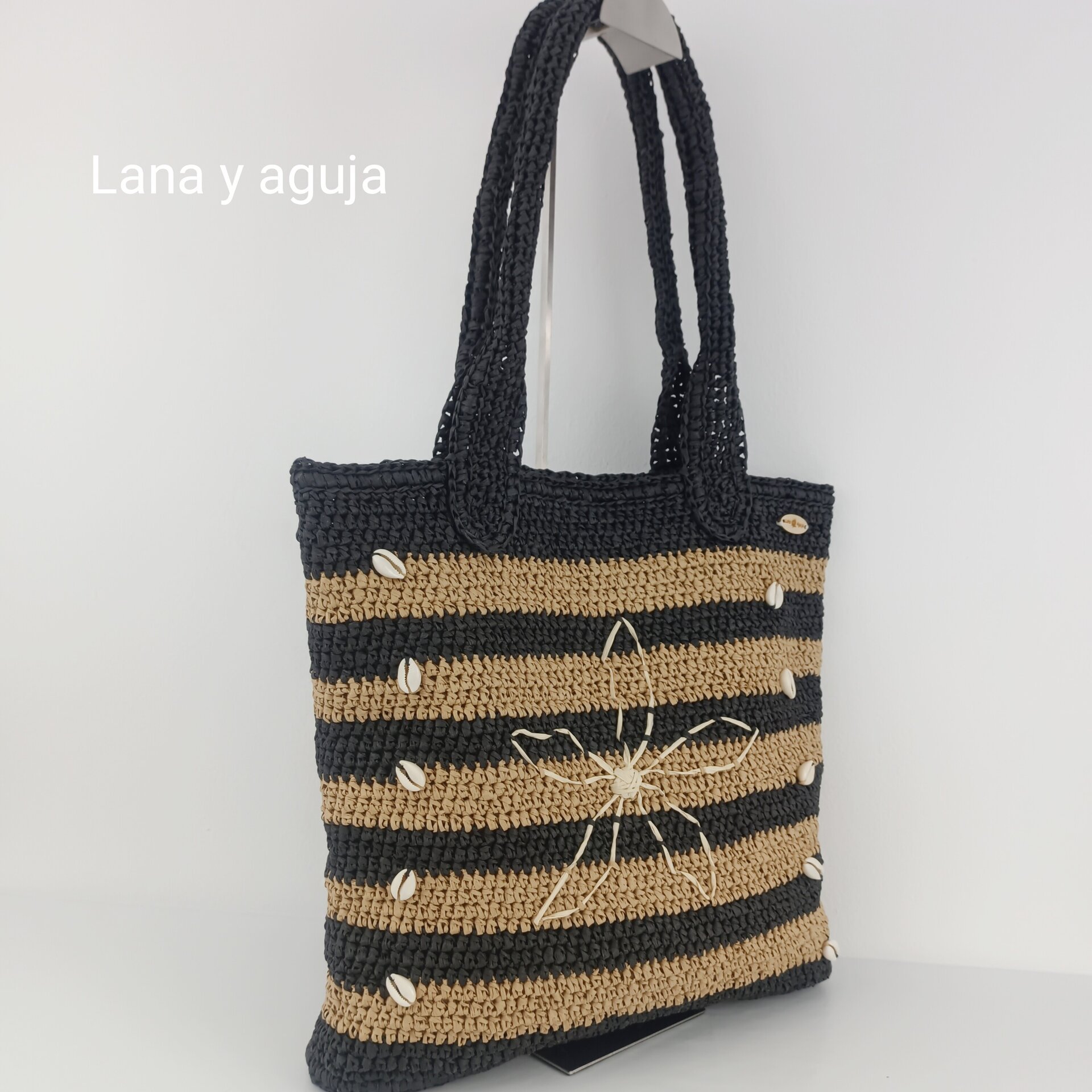 Bolso de crochet, bolso de tote, tejido a mano, rafia, bordado. - 2