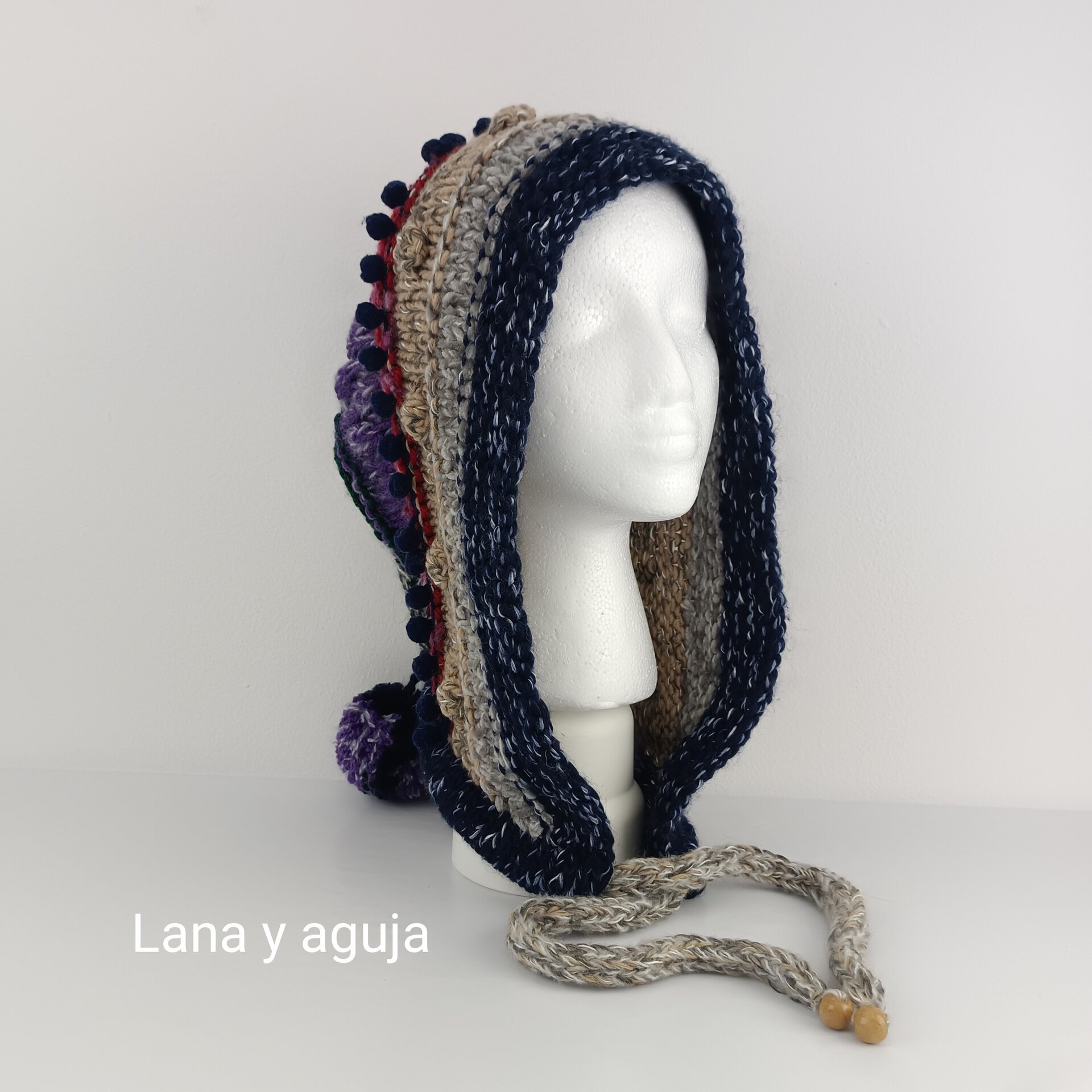 Gorro tejido invierno, gorro lana largo, gorro capucha, VARIOS COLORES. - 4