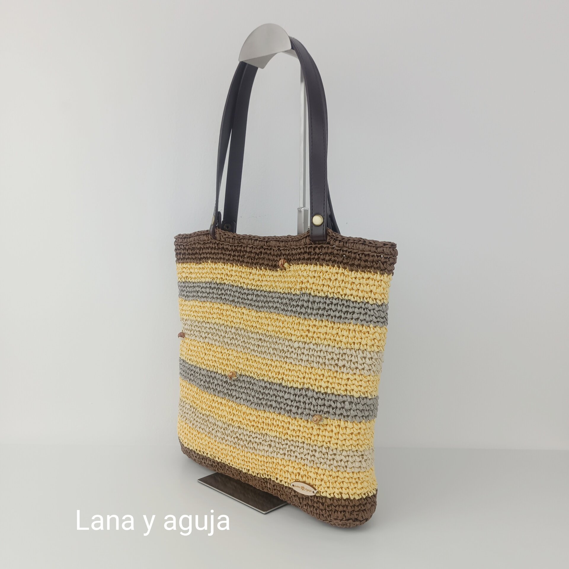 Bolso de crochet, bolso de tote, tejido a mano, asas cuero de imitación. - 3