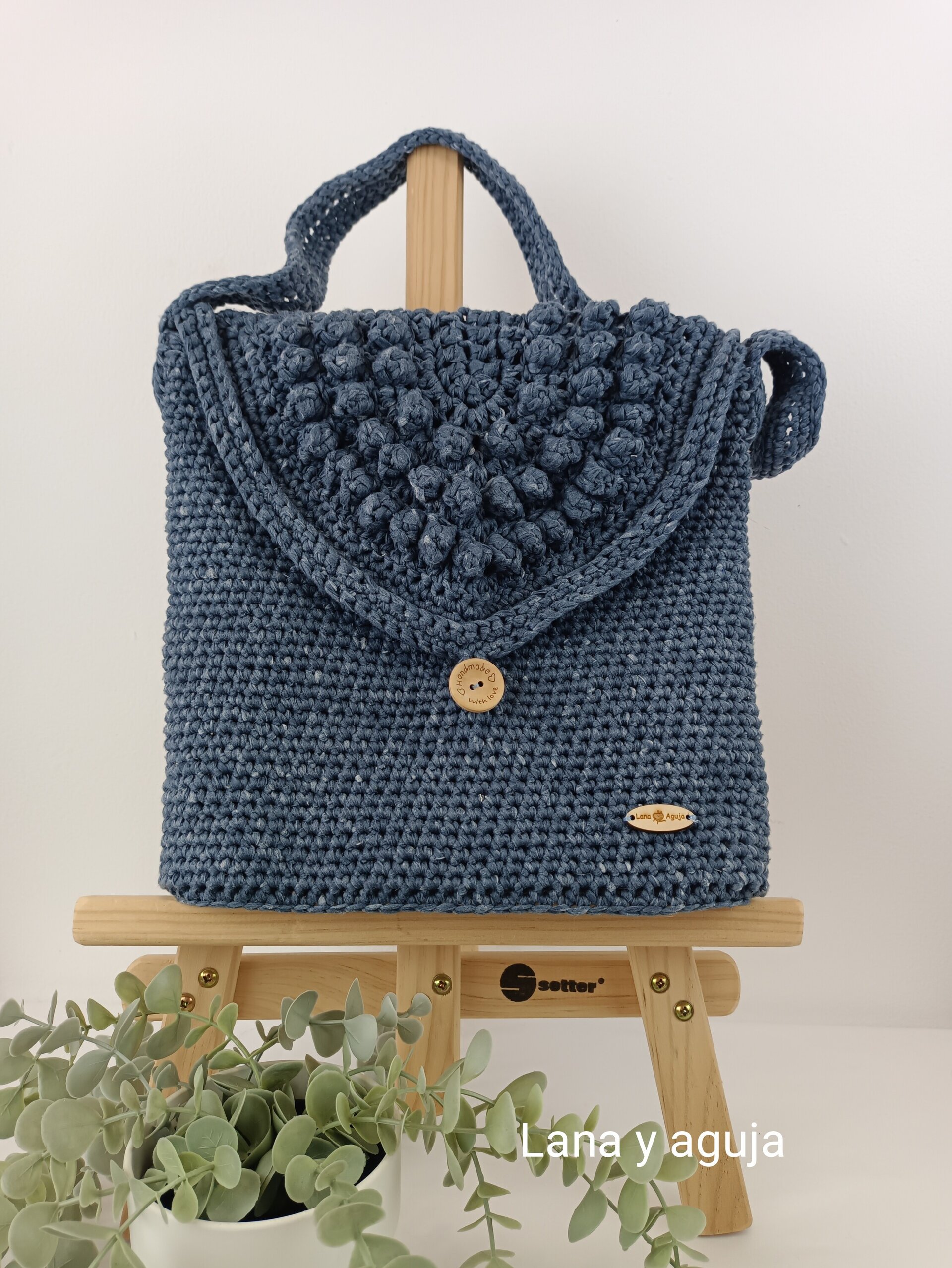 Bolso de crochet, bolso de colgar, tejido a mano, Bolso trapillo. - 5