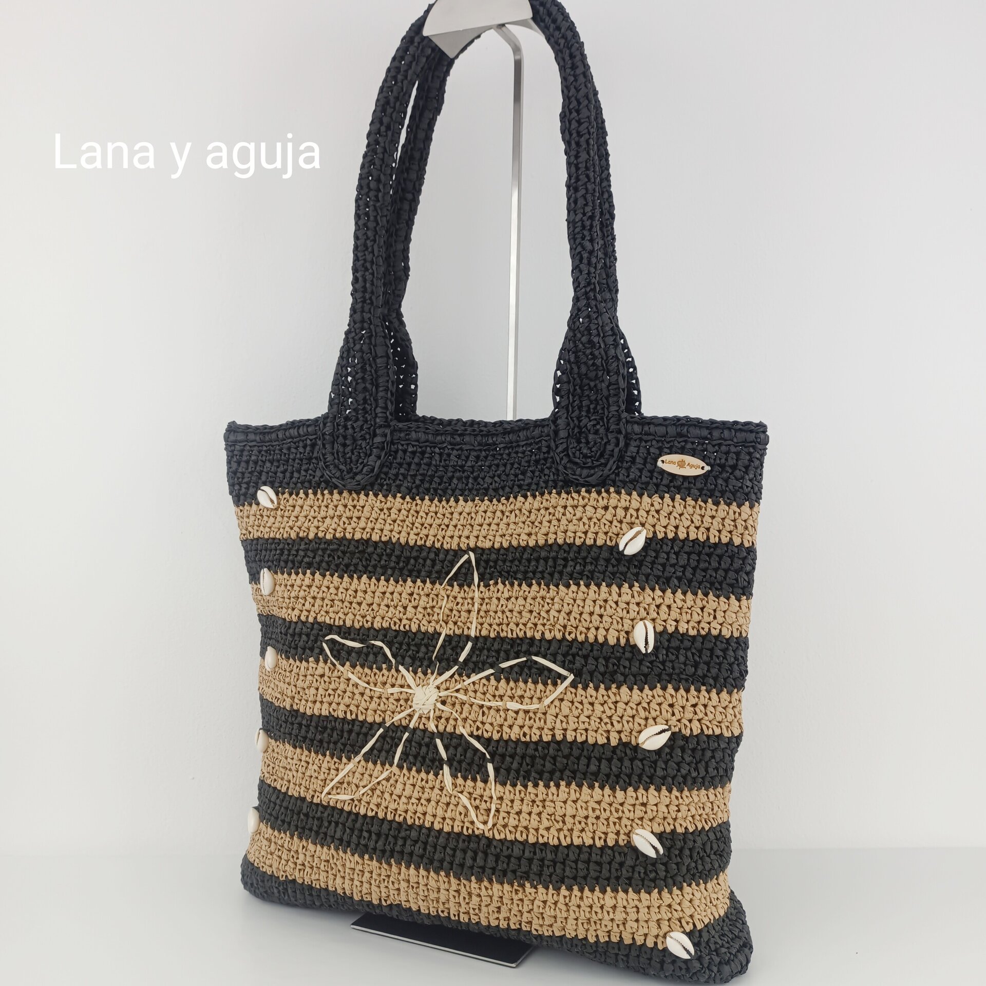 Bolso de crochet, bolso de tote, tejido a mano, rafia, bordado. - 4