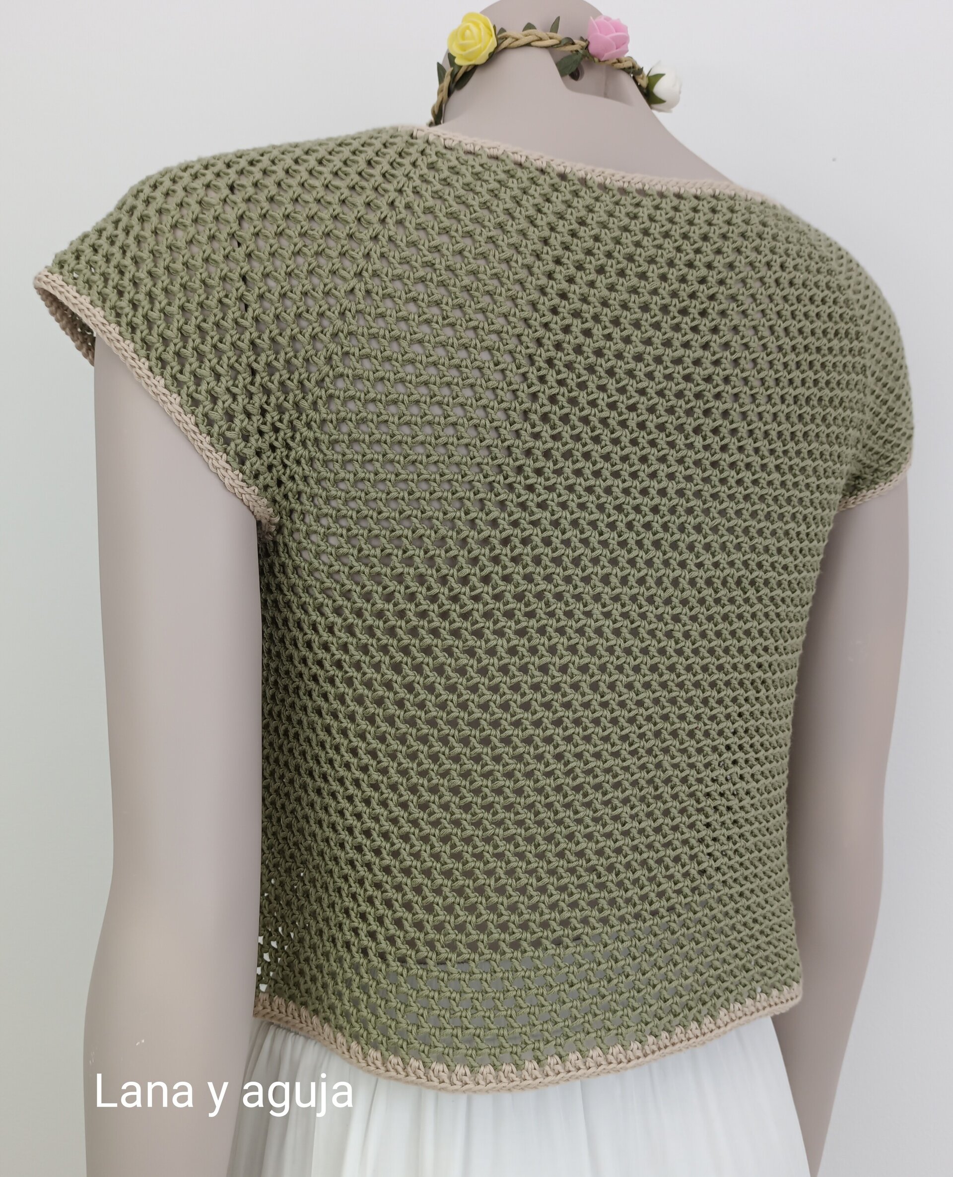 Top crochet, tejido a mano. Talla S. Algodón, Verde musgo - 5
