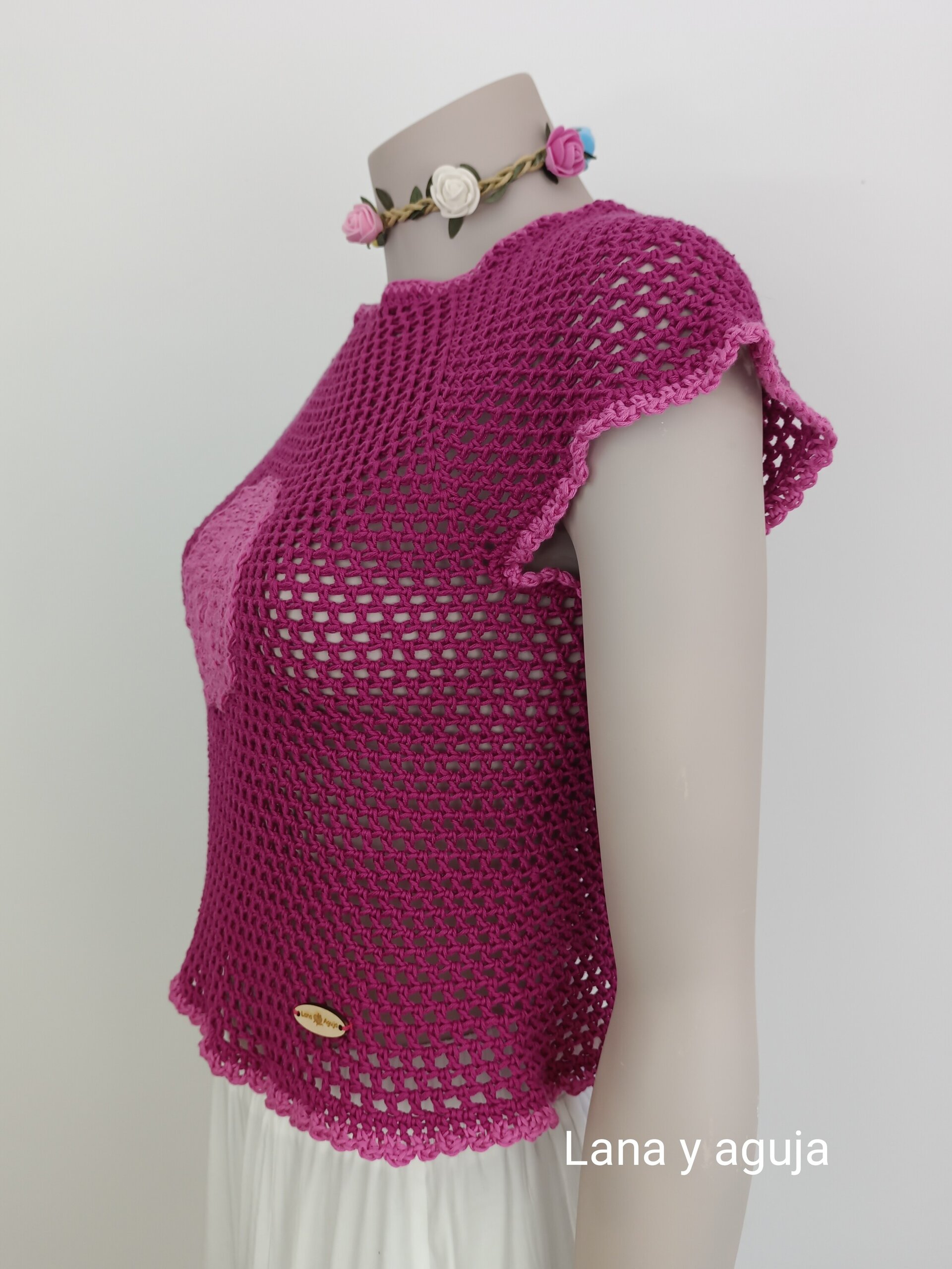 Top crochet, tejido a mano. Talla S. Algodón, Rosa petunia. - 4
