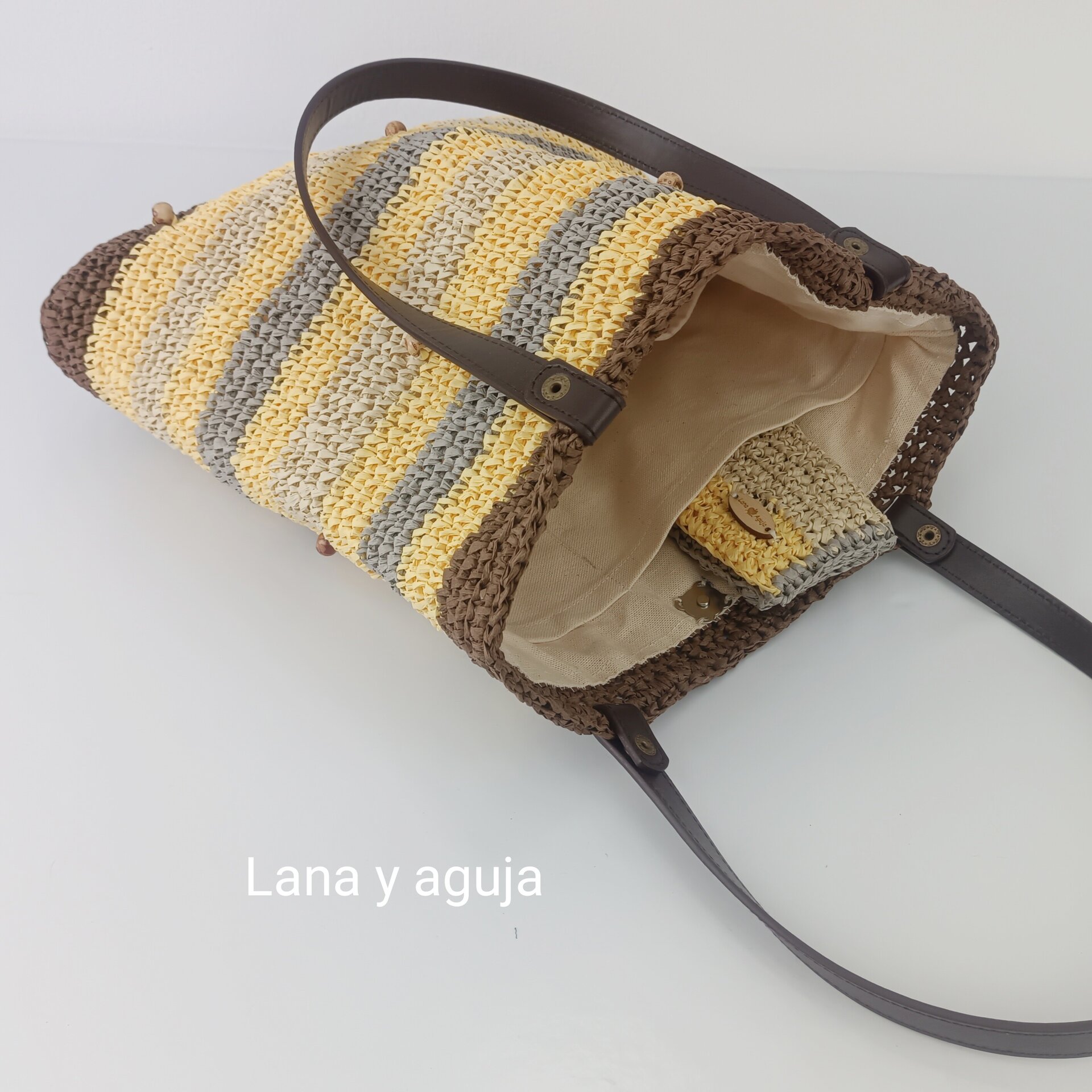 Bolso de crochet, bolso de tote, tejido a mano, asas cuero de imitación. - 4