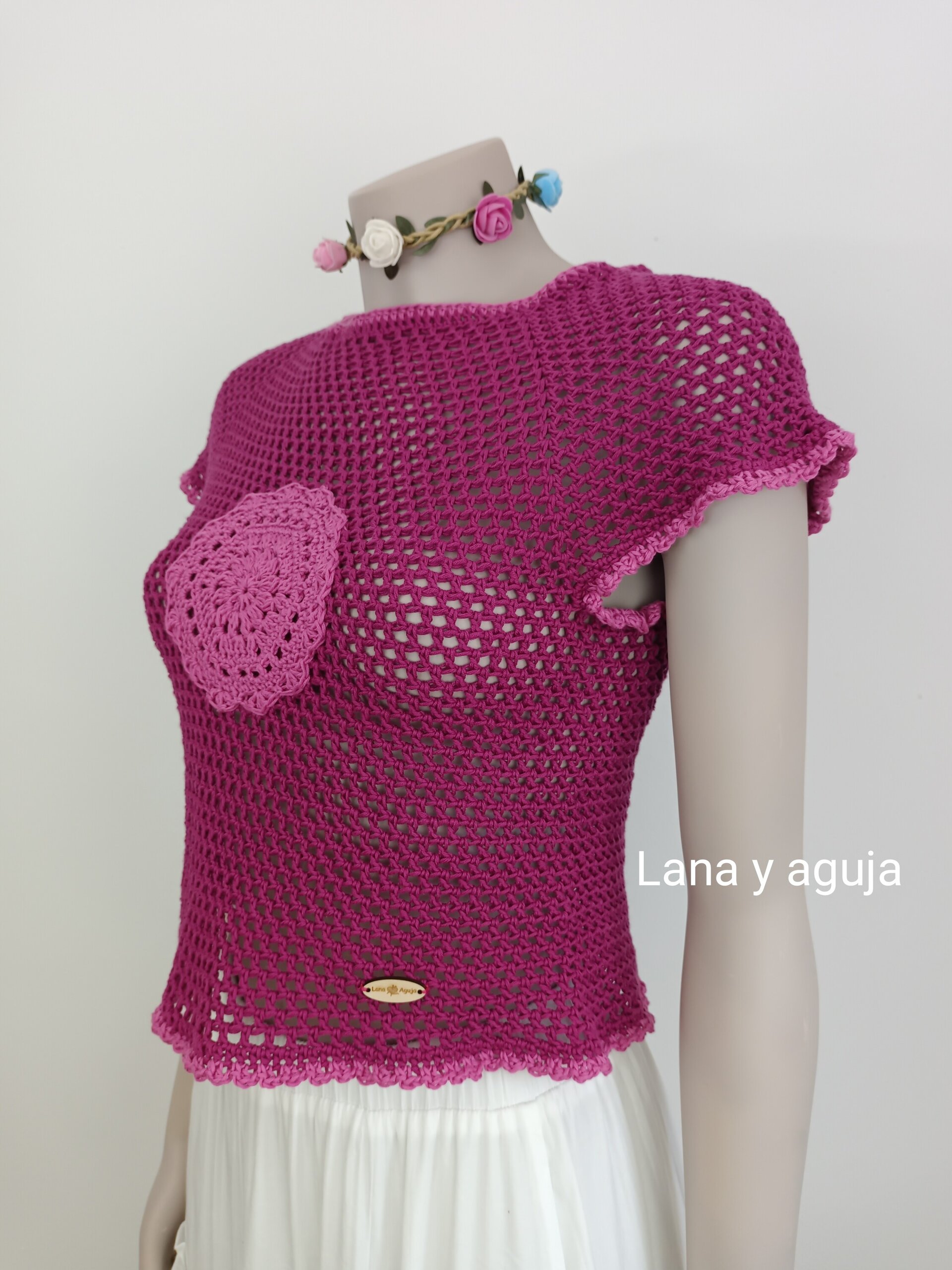 Top crochet, tejido a mano. Talla S. Algodón, Rosa petunia. - 2