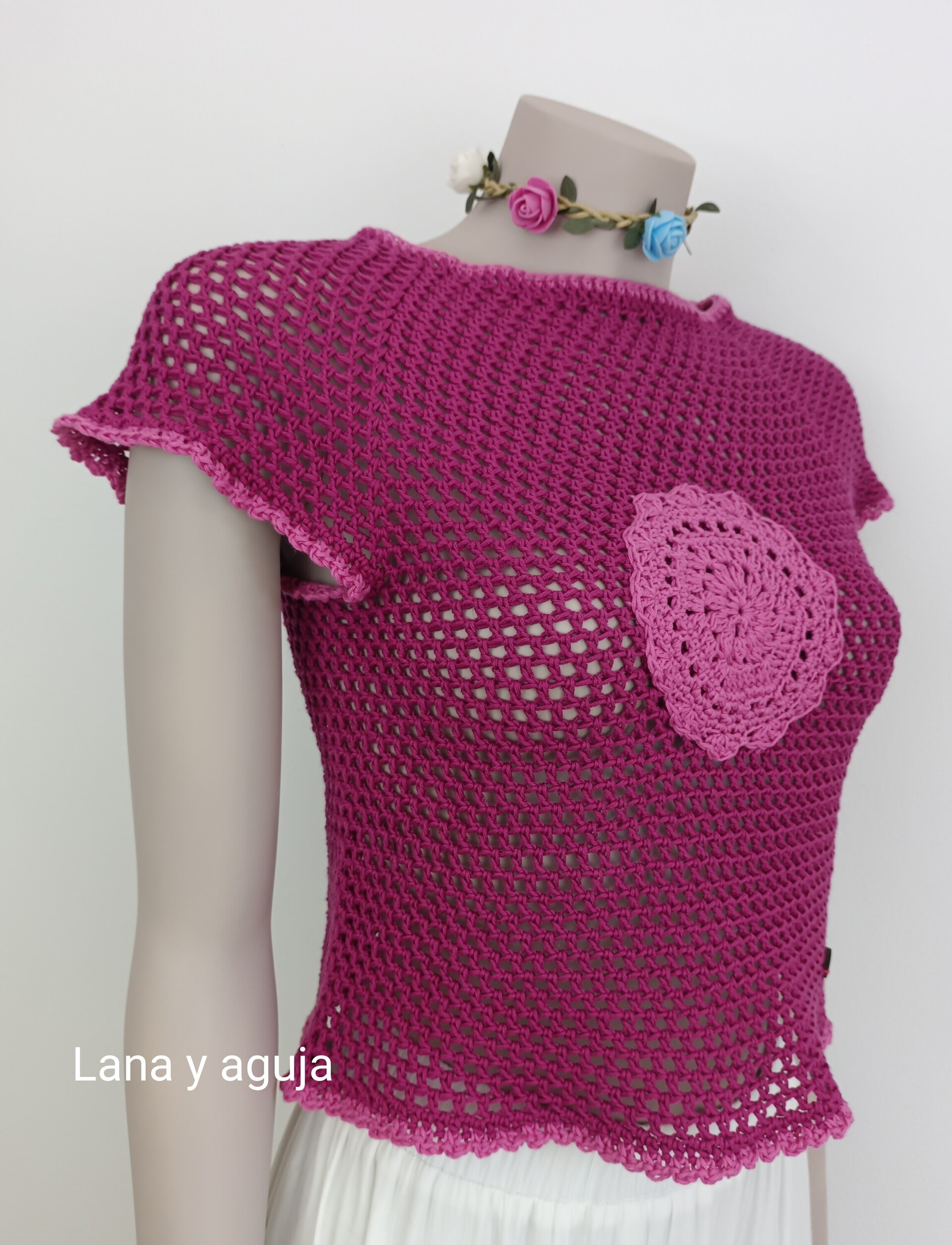 Top crochet, tejido a mano. Talla S. Algodón, Rosa petunia. - 3