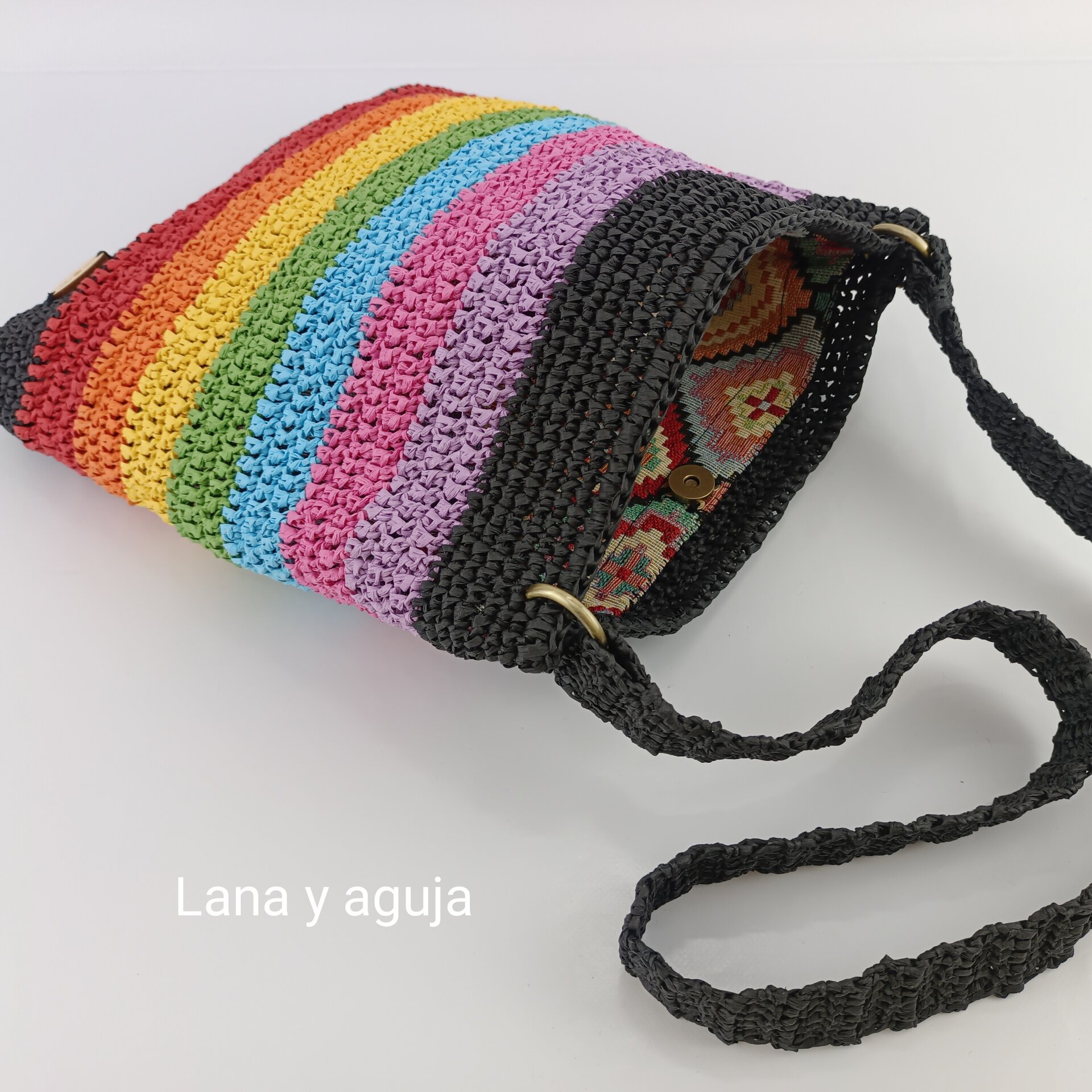 Bolso de crochet, estilo casual, tejido a mano con rafia. - 9