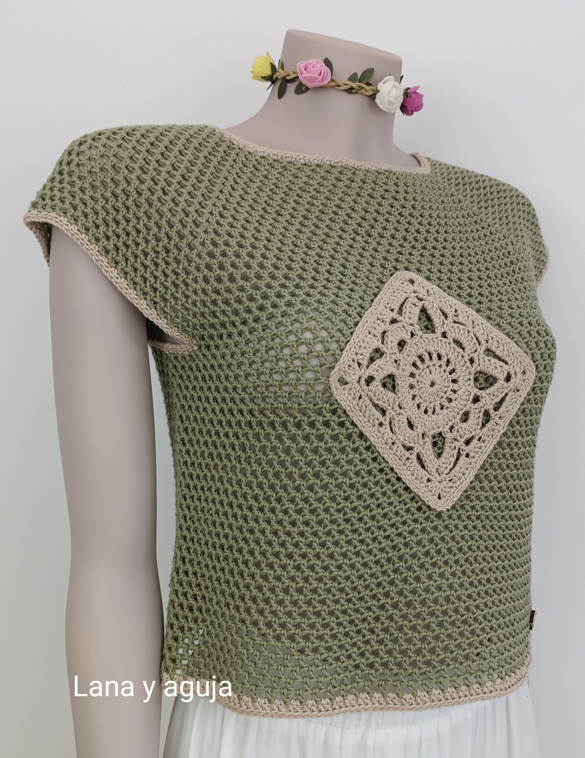 Top crochet, tejido a mano. Talla S. Algodón, Verde musgo - 3
