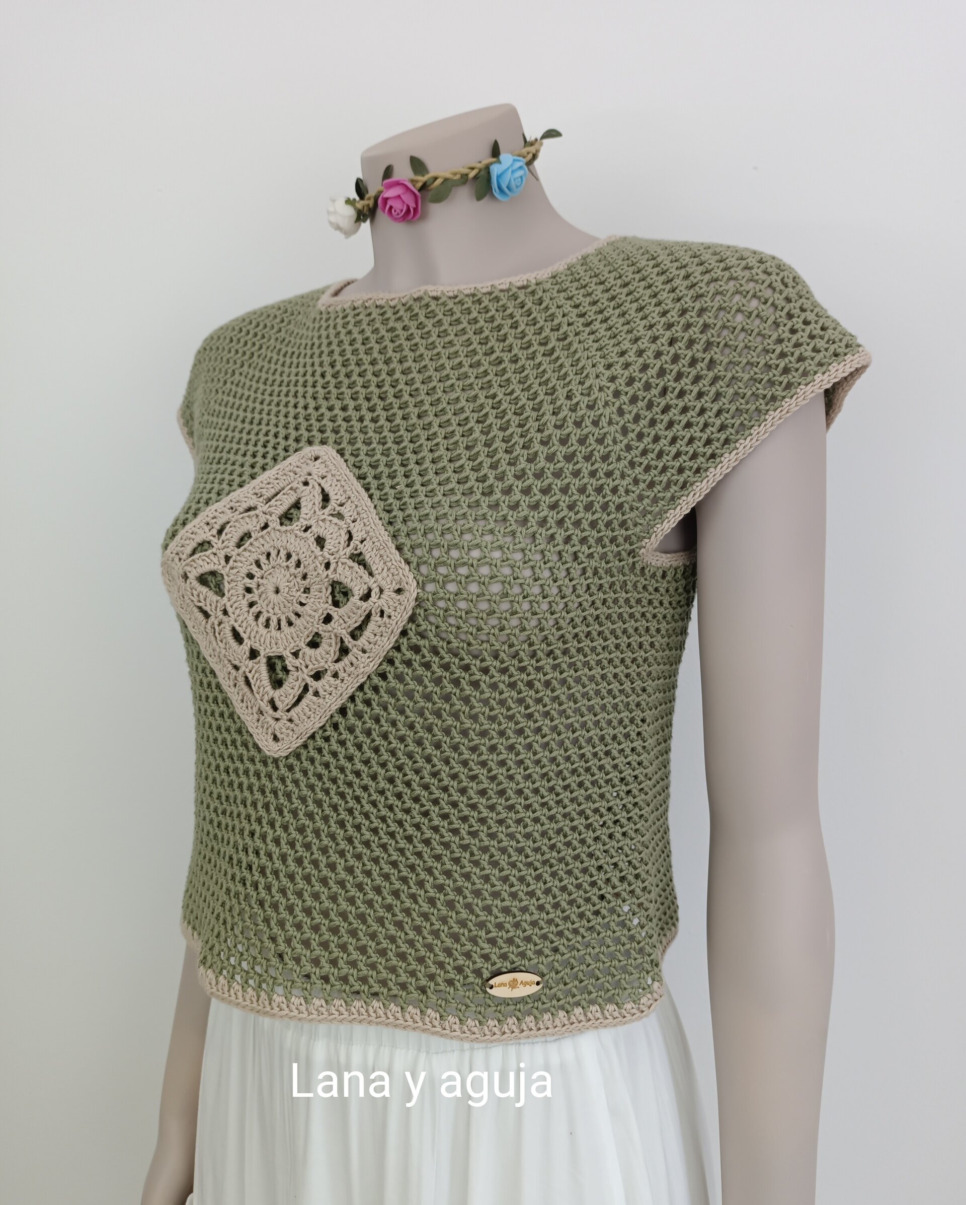 Top crochet, tejido a mano. Talla S. Algodón, Verde musgo - 2
