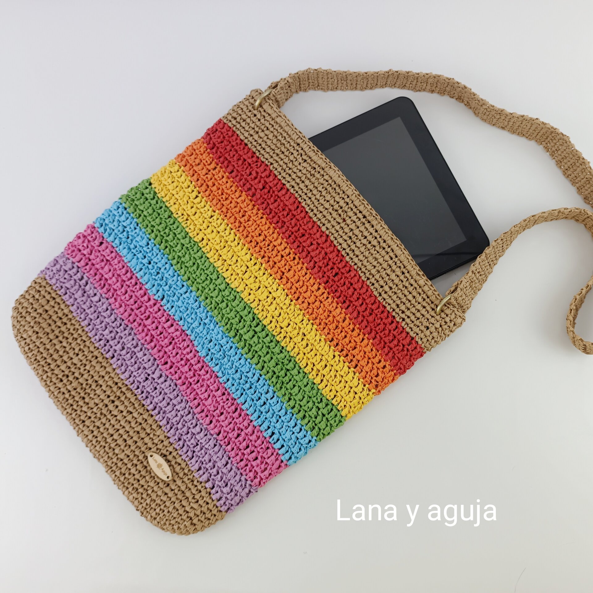 Bolso de crochet, estilo casual, tejido a mano con rafia. - 3