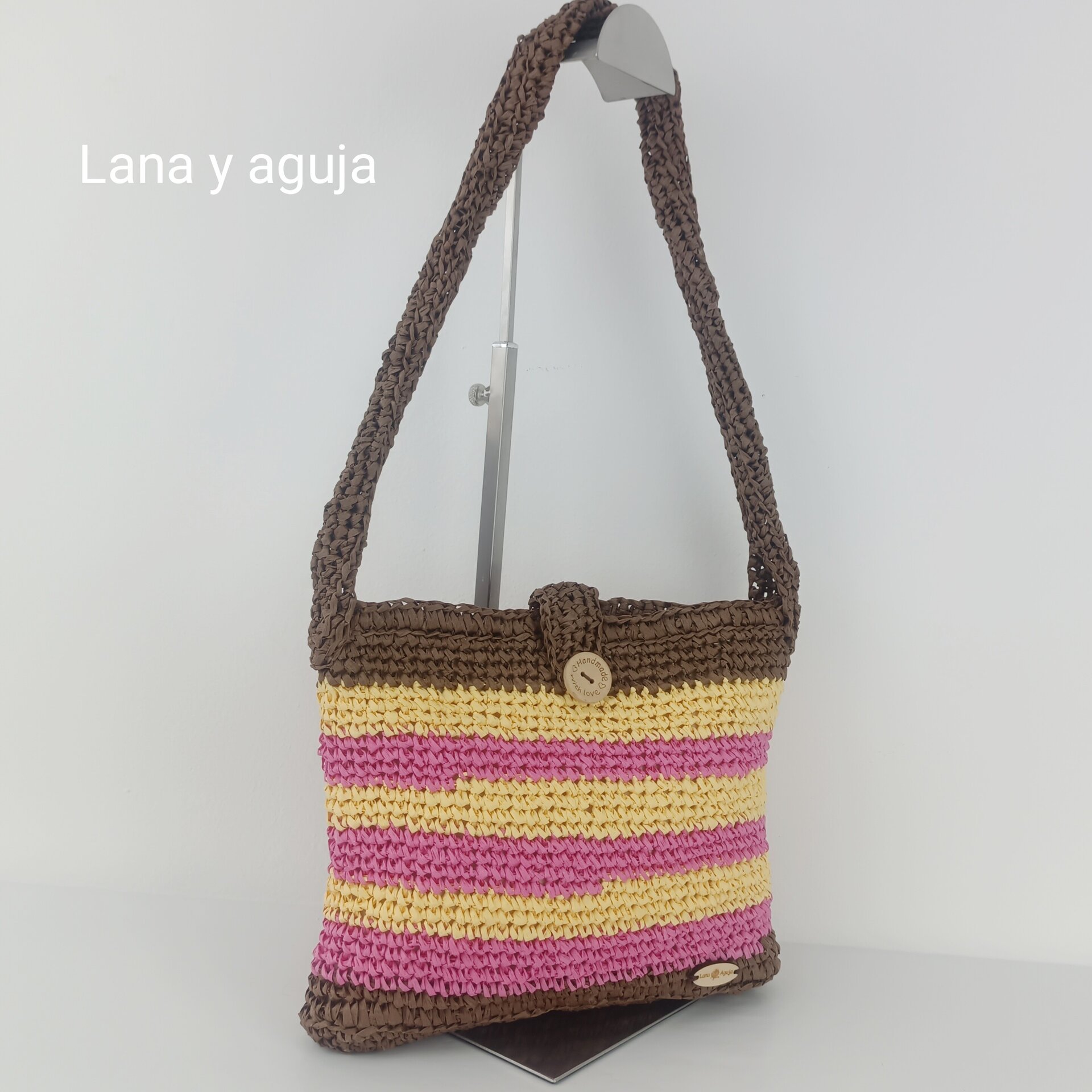 Bolso de hombro, tejido a mano, diseño rafia, forro interior con bolsillo. - 2