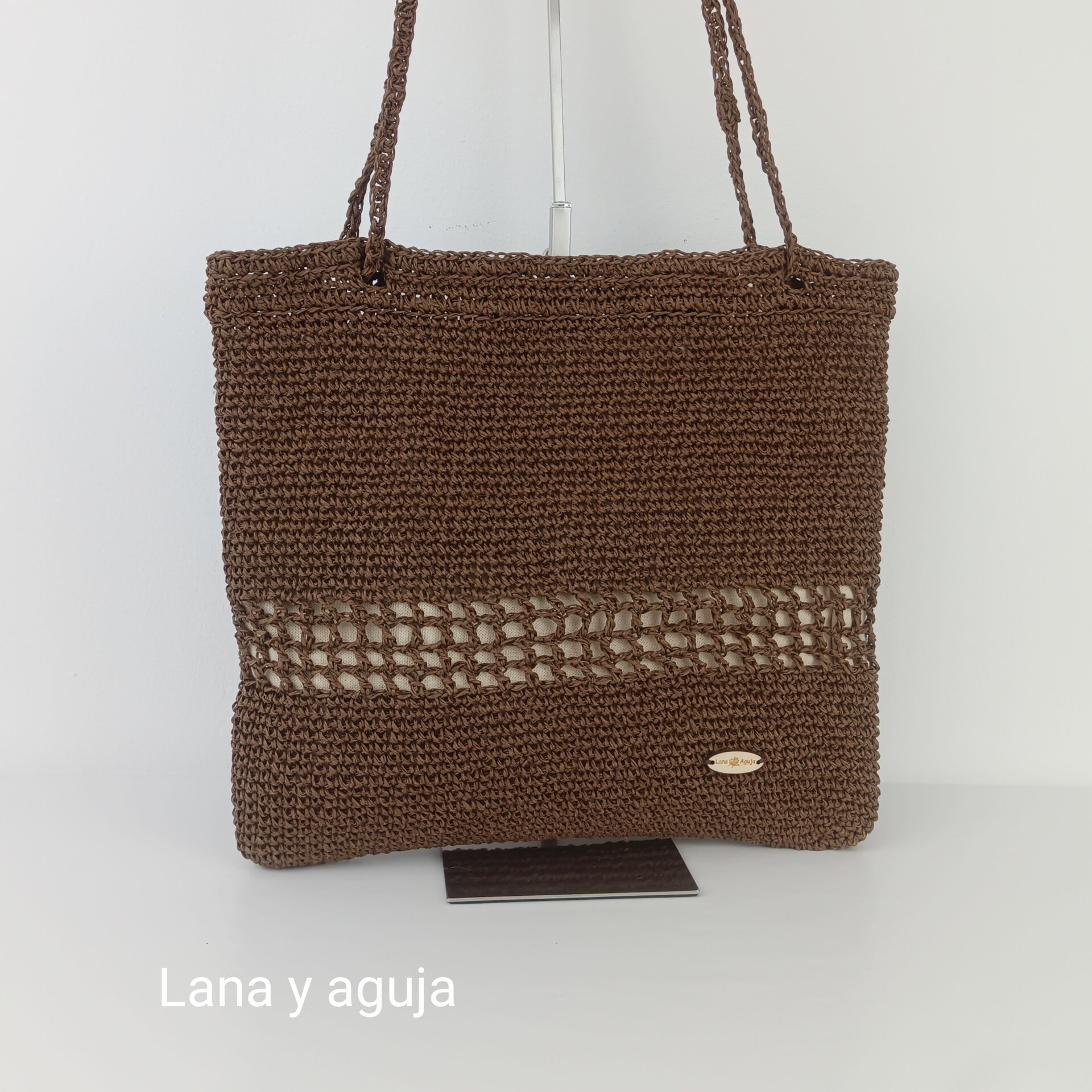 Bolso de crochet, bolso de tote, tejido a mano, rafia marrón chocolate. - 4