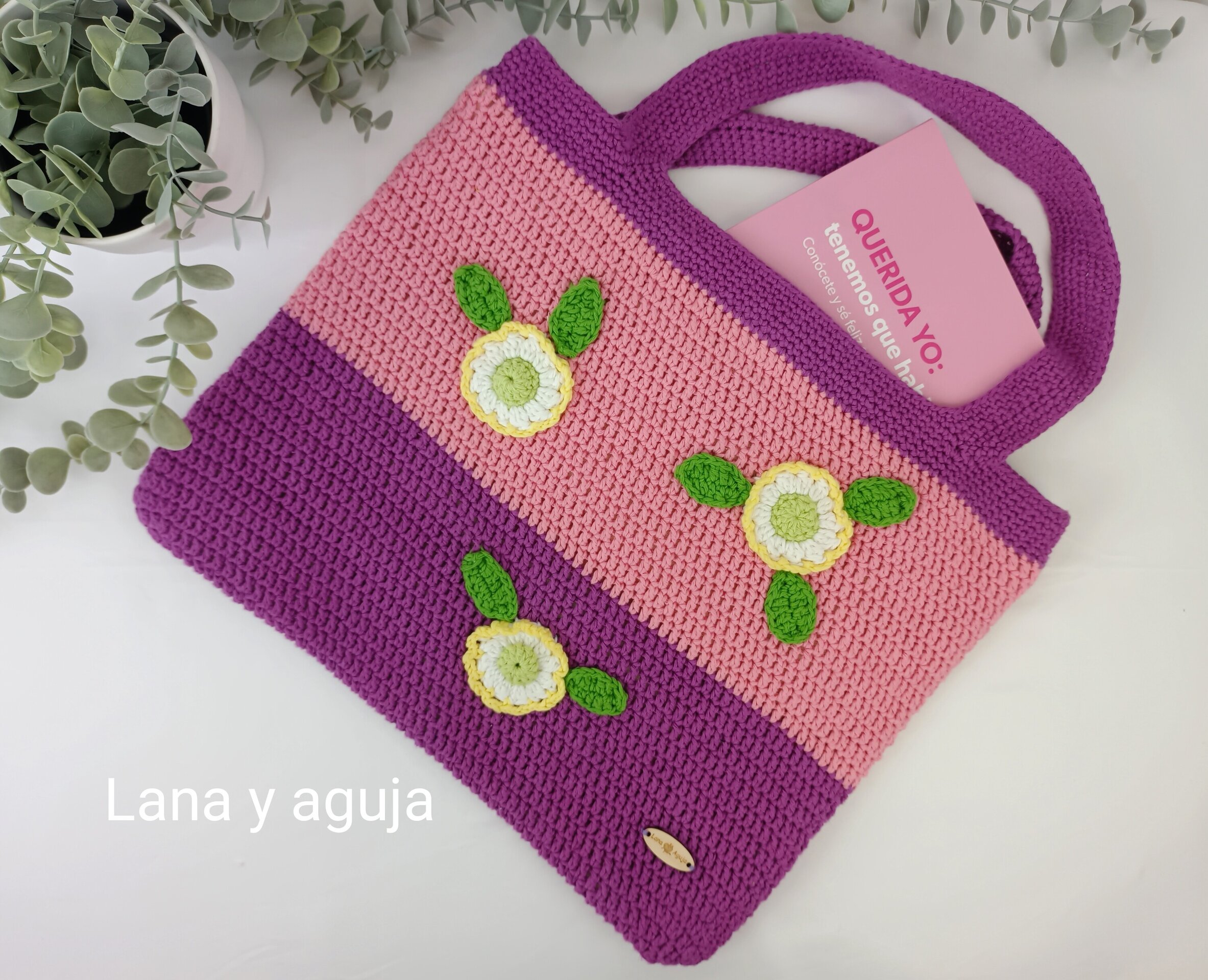 Bolso de crochet, bolso de asas, tejido a mano, Bolso tote. - 3