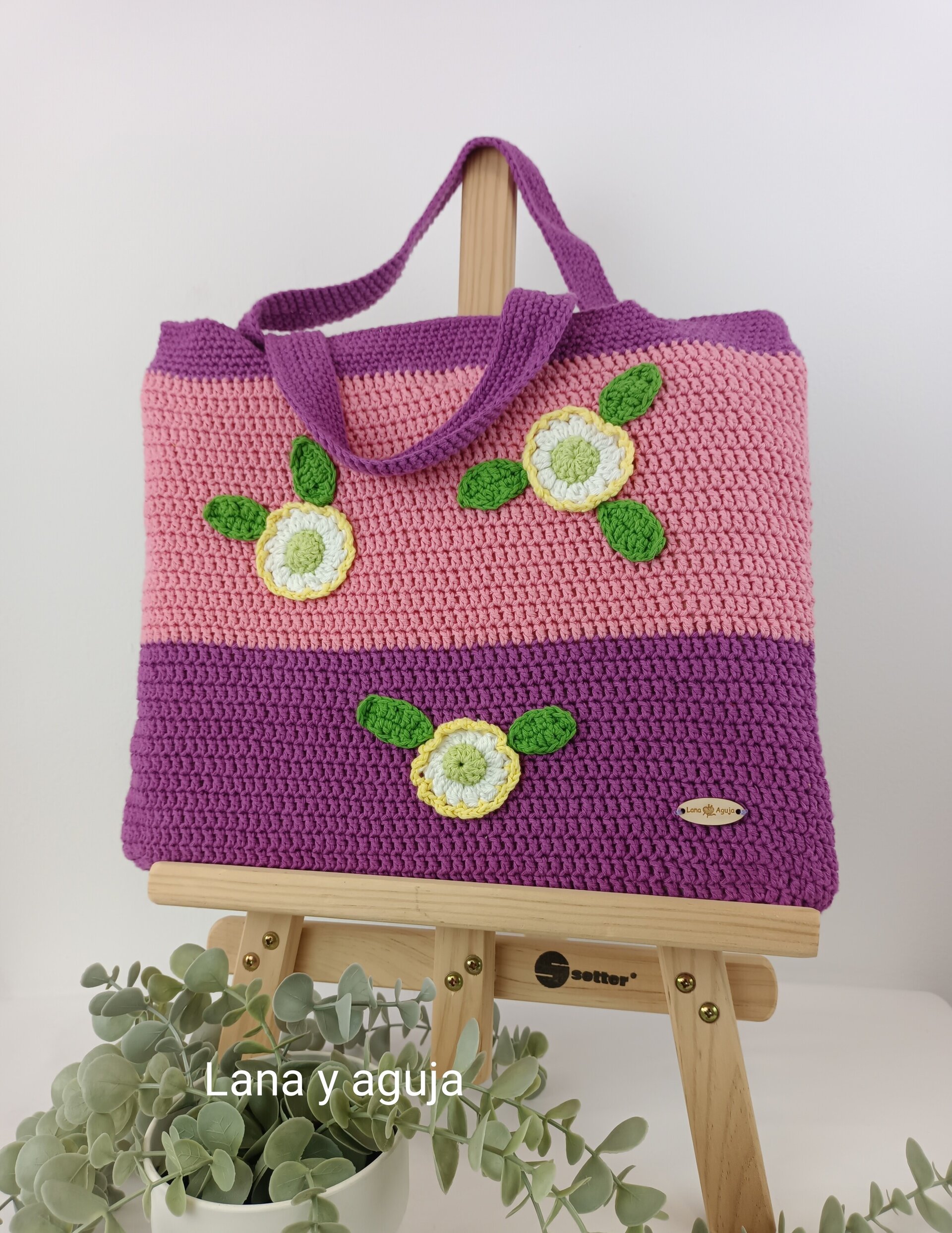 Bolso de crochet, bolso de asas, tejido a mano, Bolso tote. - 4