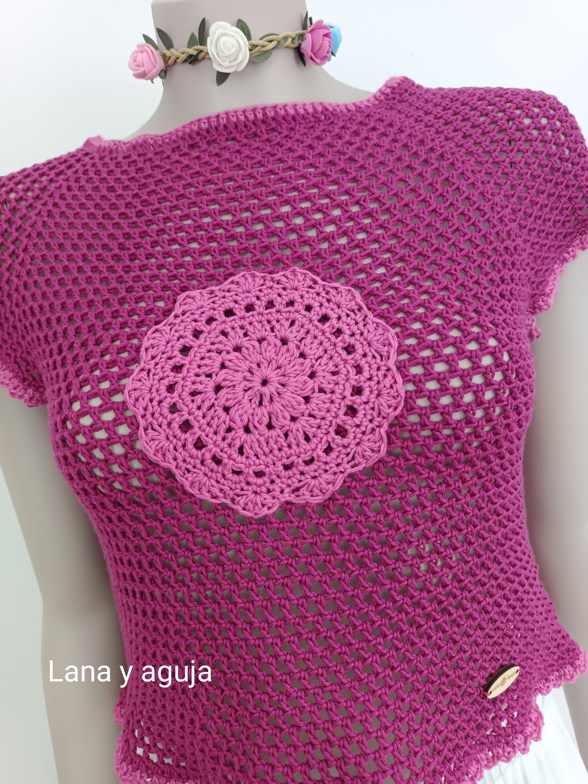Top crochet, tejido a mano. Talla S. Algodón, Rosa petunia. - 6