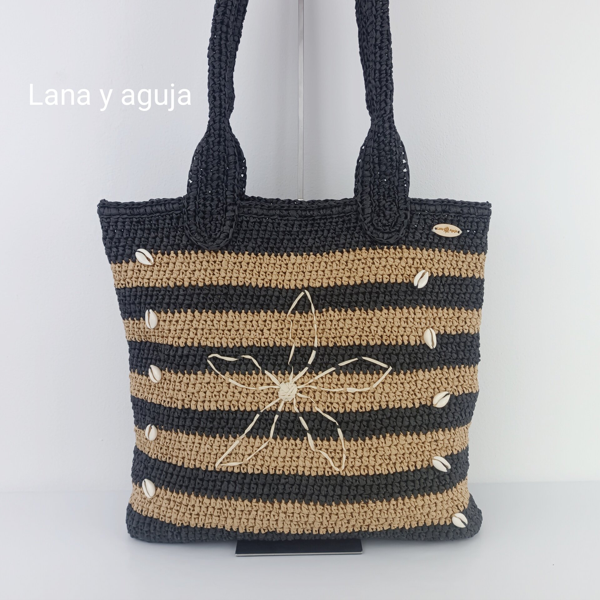 Bolso de crochet, bolso de tote, tejido a mano, rafia, bordado. - 3