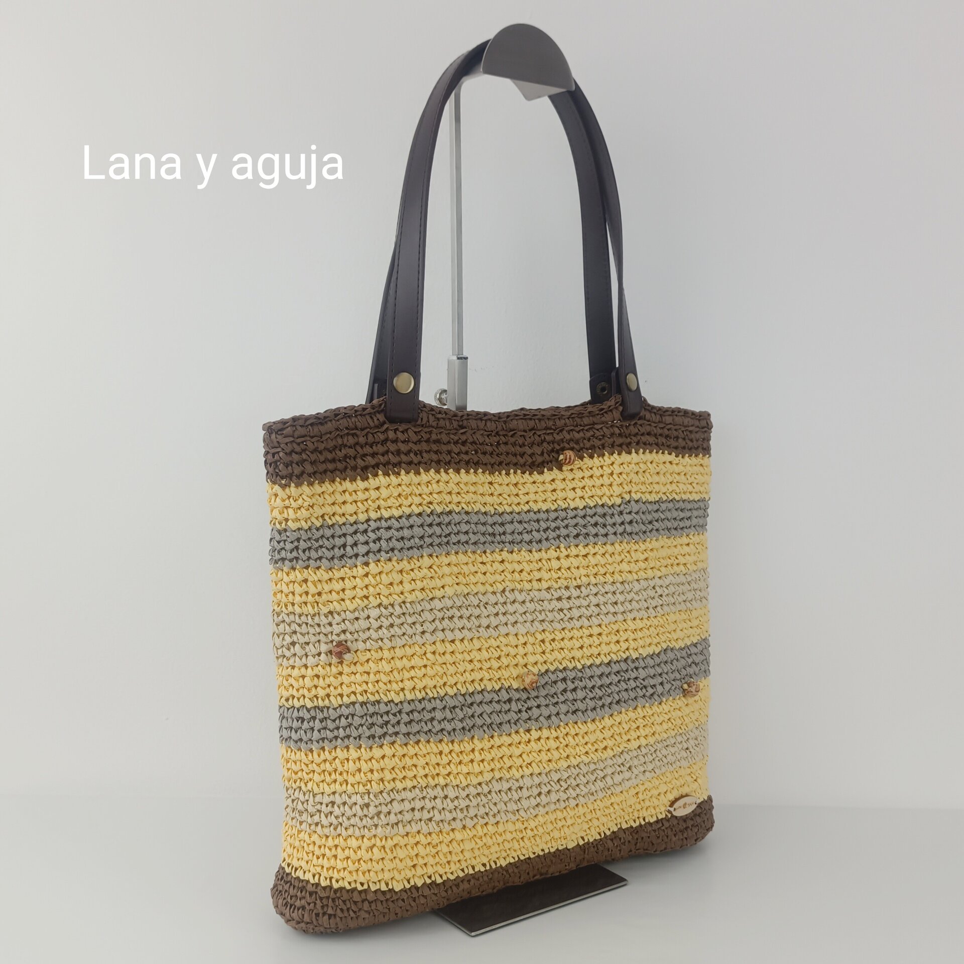 Bolso de crochet, bolso de tote, tejido a mano, asas cuero de imitación. - 2