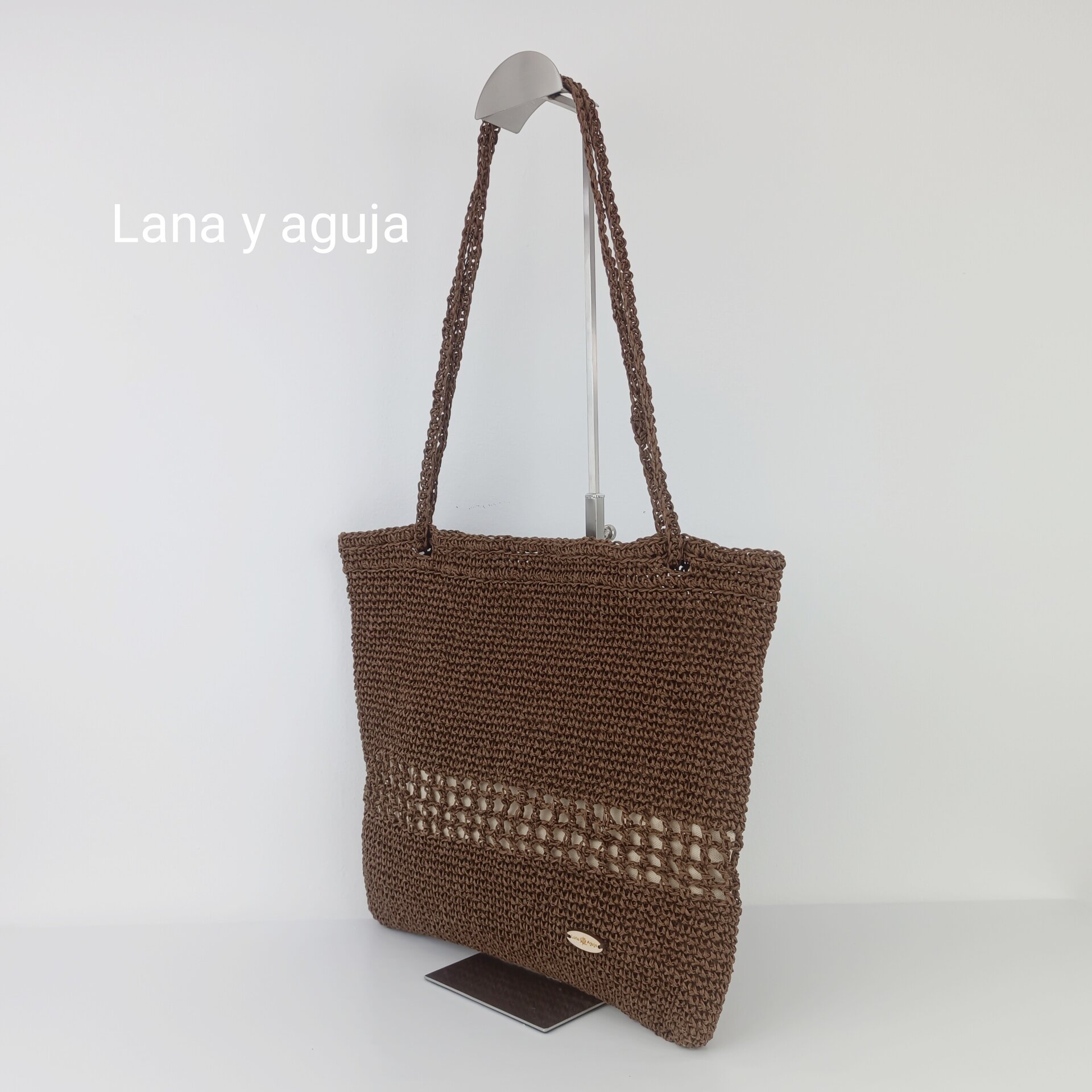 Bolso de crochet, bolso de tote, tejido a mano, rafia marrón chocolate. - 2