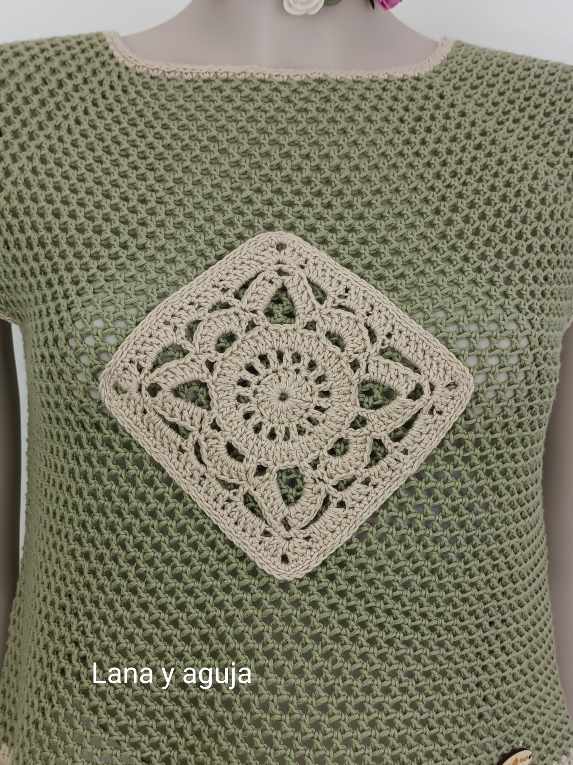 Top crochet, tejido a mano. Talla S. Algodón, Verde musgo - 6