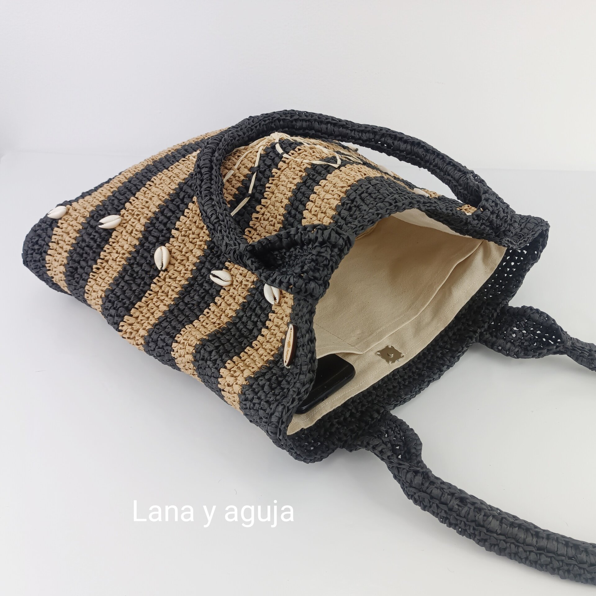 Bolso de crochet, bolso de tote, tejido a mano, rafia, bordado. - 5