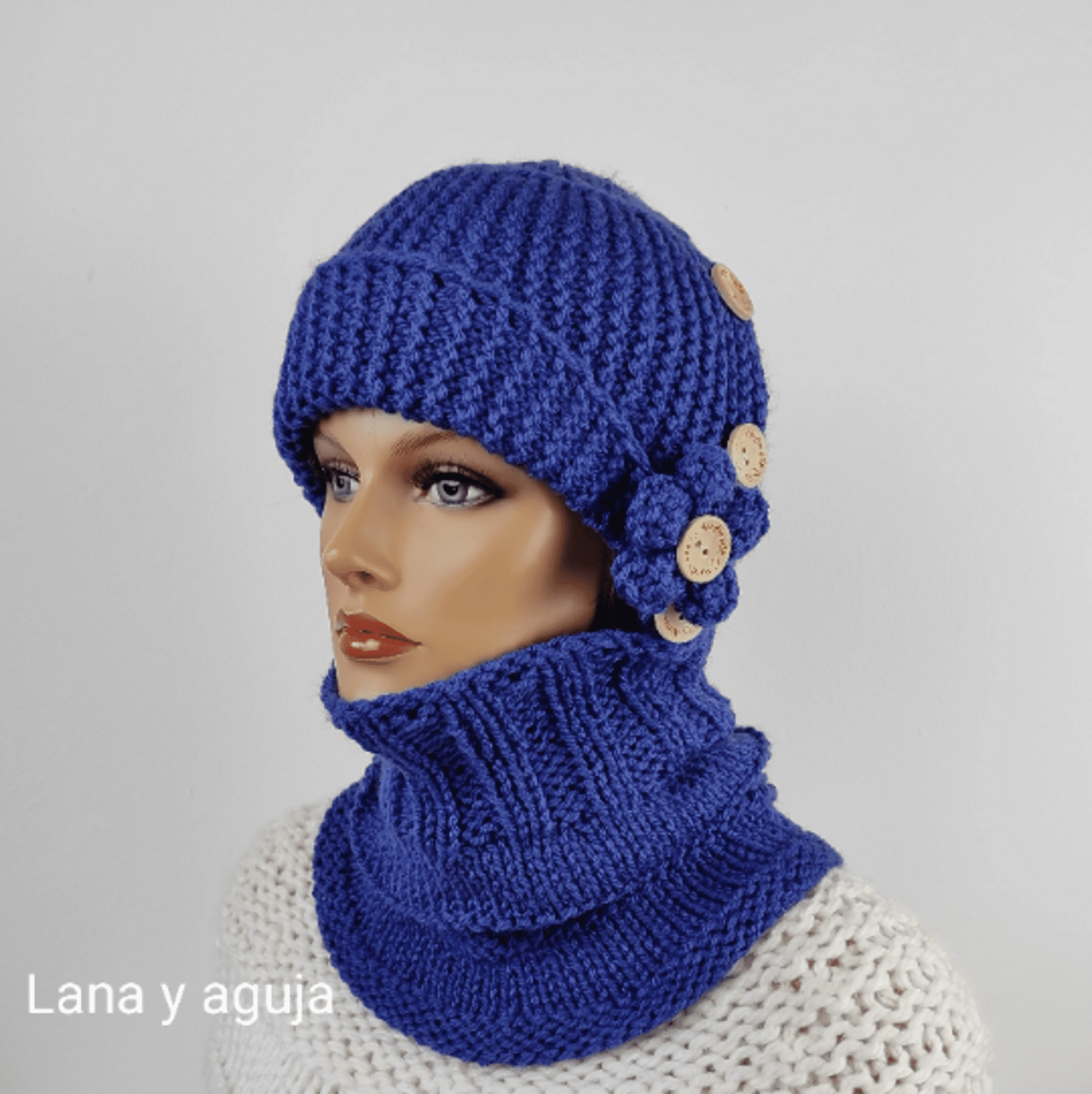 Conjunto de gorro y cuello de lana, tejido a mano. VARIOS COLORES. - 3
