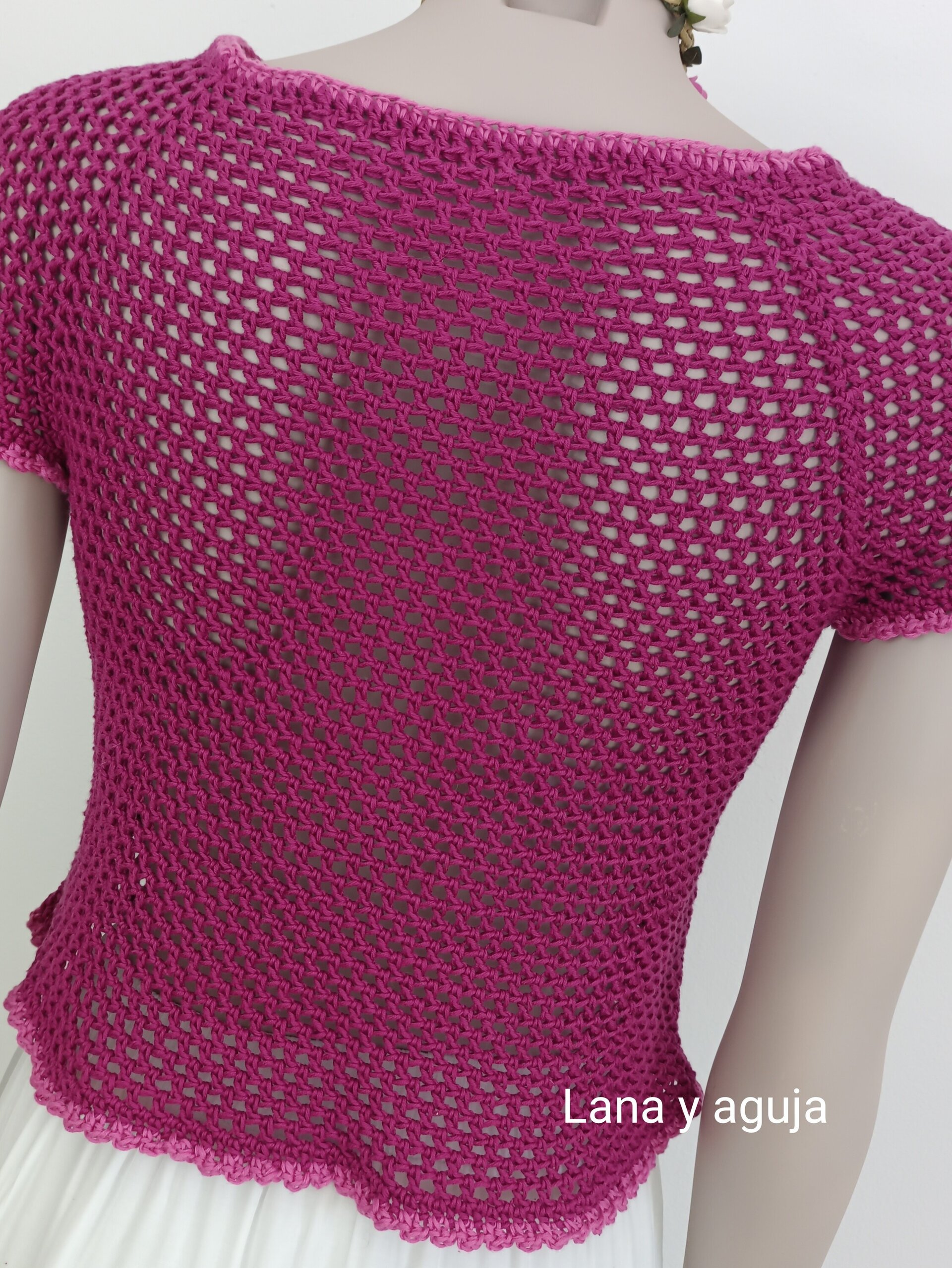 Top crochet, tejido a mano. Talla S. Algodón, Rosa petunia. - 5