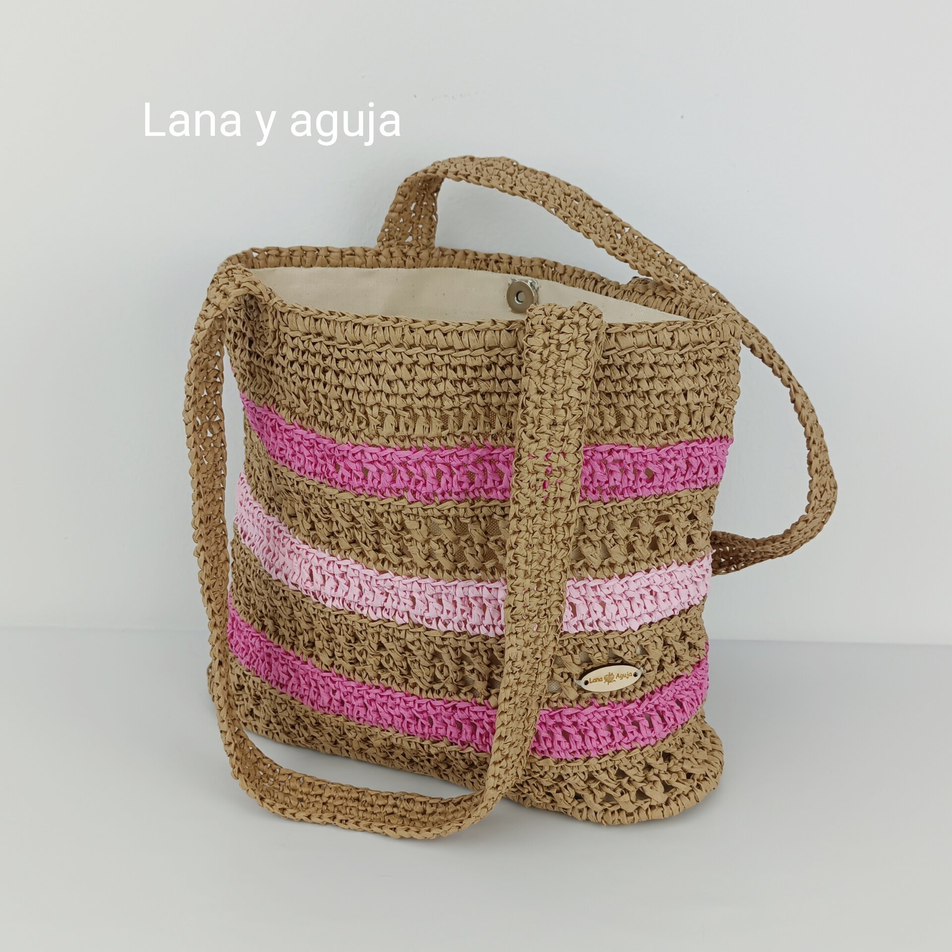 Bolso de crochet, estilo cesta, tejido a mano con rafia. - 3