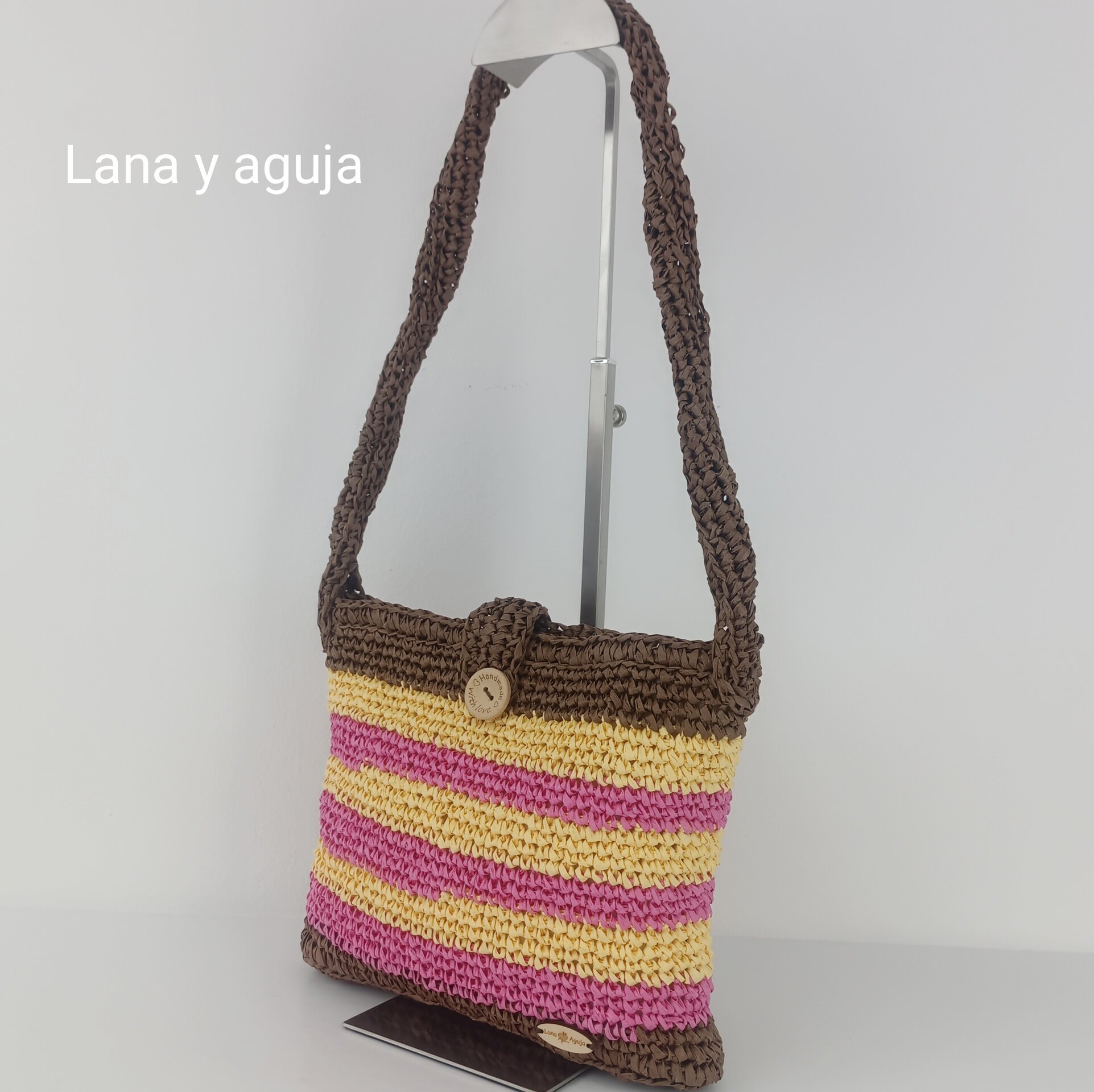 Bolso de hombro, tejido a mano, diseño rafia, forro interior con bolsillo. - 3