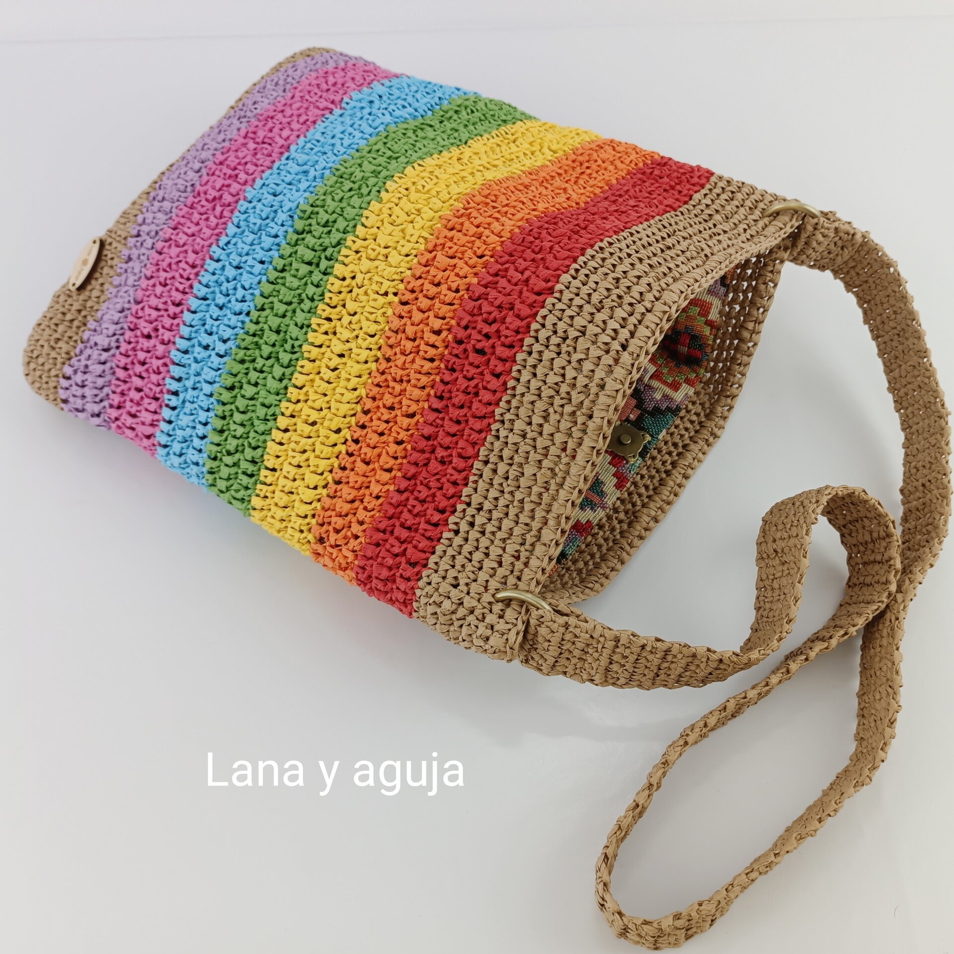 Bolso de crochet, estilo casual, tejido a mano con rafia. - 5