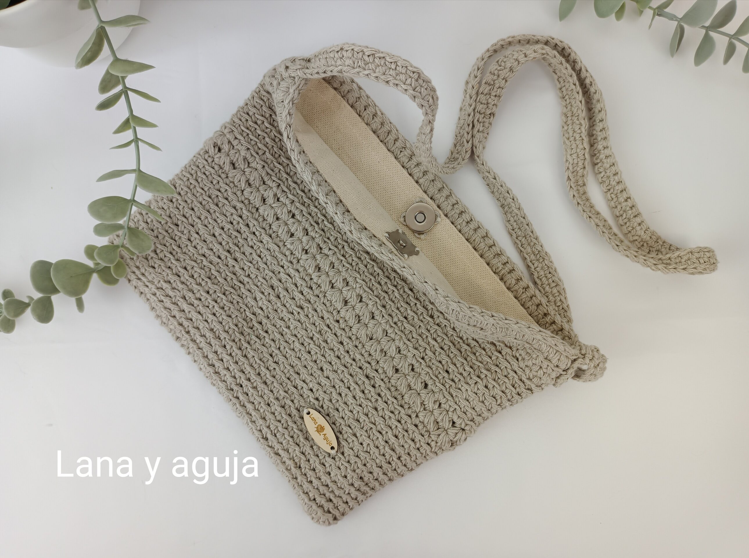 Bolso de crochet, bolso de hombro, tejido a mano, diseño original, beis. - 3